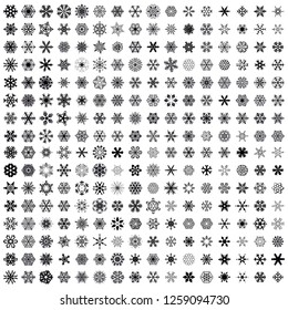 Big snowflakes collection vector icon  set black background color. 256 graceful snowflakes. Graphic crystal frozen decoration. Nice element for christmas, new year banner, cards.