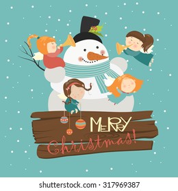 Big snowman with cute angels. Vector greeting card