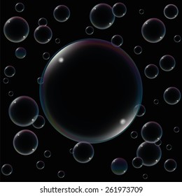 Big Soap Bubble Big soap bubble - surrounded by small soap bubbles - to fill in any text or image - as a symbol for bursting somebody's bubble. Vector illustration on black background.
