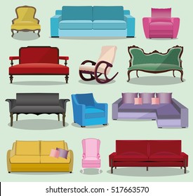 Big Sofas Set. Stylish bright graphic furniture for Your Interior Design. Flat style vector Illustration.
