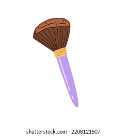 Big soft makeup brush in purple color. Tool applicator isolated on white background. Hand drawn vector illustration.