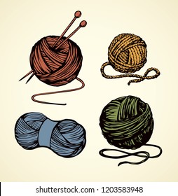 Big soft natural multi color twisted ravel twine coil on white backdrop. Freehand line black ink drawn needlecraft picture logo emblem sketchy in art scribble retro style. Closeup view