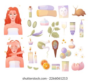 Big spa set. Facial massage. Girl lie on when she gets a facial massage. Beauty treatments, women's hands. Self-care, relaxation, face mask, glass of wine, skin care products, love yourself, vector