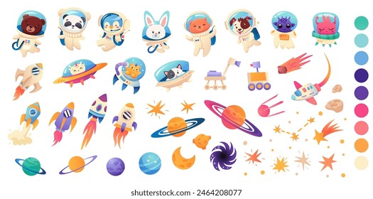 Big Space animal and ufo alien set. Panda, Dog, fox, tiger, cat in spacesuit, galaxy bundle. Astronauts, spaceship, cartoon animal. Vector illustration for kids design