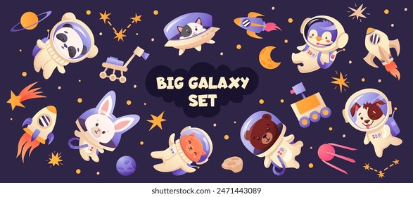 Big Space animal and ufo alien set. Panda, Dog, fox, tiger, cat in spacesuit, galaxy bundle. Astronauts, spaceship, cartoon animal. Vector illustration for kids design