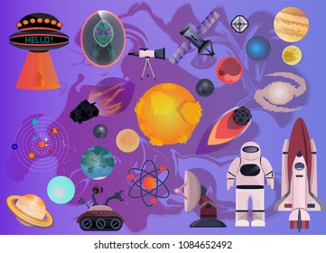 Big space astronomical cosmo set. Solar system, spaceman, shuttle, satellite, alien, atom, antenna, rover, comet, telescope. Modern cartoons vector illustration with gradient. Isolated on universe.