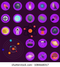 Big space astronomical cosmo set. Solar system spaceman shuttle satellite alien atom antenna rover telescope ship comet meteorite. Modern cartoon vector illustration gradient. Isolated on universe