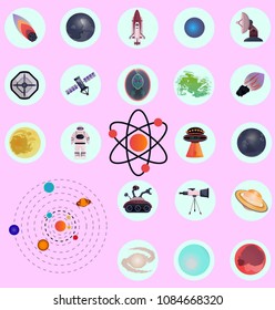 Big space astronomical cosmo set. Solar system, spaceman, shuttle, planets, meteorite, alien, ufo antenna rover, sun, telescope, moon. Modern flat cartoons vector illustration icons. Isolated on white