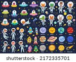 Big space collection with cute characters. Space bundle in cartoon style with planets, kids and animals astronauts on dark background. Aliens in flying saucers clipart set. Vector illustration