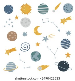 Big space collection with cute planets, stars,constellation. Vector illustration. Scandinavian style flat design.