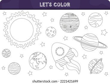 Big space coloring book for printing for kids. Cosmonautics and Space Day. Funny planets, rocket, solar system. Coloring book. Let s color the page. Vector illustration