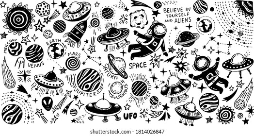 Big space doodles set, collection of hand drawn vector illustration. Astronomy set. Cosmic sketches. Planet, sun, moon and stars, solar system, spaceships and aliens, astronauts, asteroids.