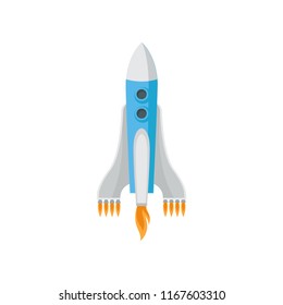 Big space rocket isolated on white background. Spaceship with nine engine fire. Flying spacecraft. Flat vector design