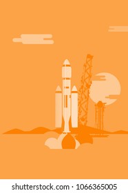 Big space rocket on exploration mission with fuel tanks launching at sunset on orange background