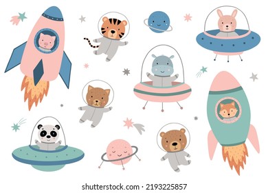 A big space set. Cute hand-drawn animals in spacesuits. The characters fly on cartoon rockets and flying saucers. Vector illustration