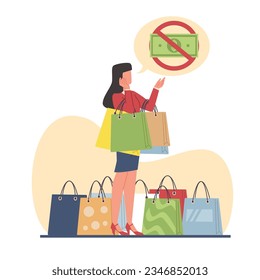 Big spending concept, shocked woman standing amidst many shopping bags. Shopaholic girl, addicted person. Spend all money. Mental illness. Vector cartoon flat shopaholic illustration