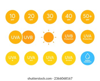 Big SPF color icon vector set. Sun protection symbols for sunblock or sunscreen products. Collection of UV index for cosmetic packaging