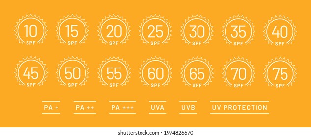 Big SPF icon vector set on orange background. Sun protection symbols for sunblock or sunscreen products. Collection of UV index for cosmetic packaging