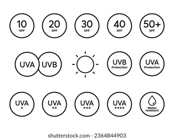 Big SPF line icon vector set. Sun protection symbols for sunblock or sunscreen products. Collection of UV index for cosmetic packaging