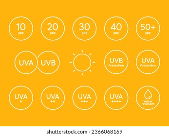 Big SPF line icon vector set on orange background. Sun protection symbols for sunblock or sunscreen products. Collection of UV index for cosmetic packaging