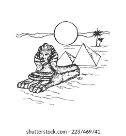 Big sphinx hand drawn pen rough sketch vintage vector. Sphinx drawing with pyramids and palm trees with nigh sky full moon vector illustration.