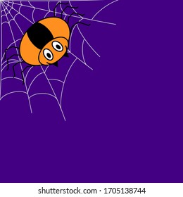Big spider sitting on the net. Funny orange spider, white corner web on a purple background. Cute smiling arachnid. Halloween symbol. Flat vector illustration. For Halloween greeting card, invitation.