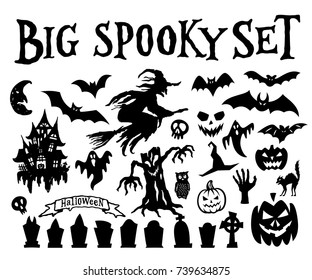 Big Spooky Halloween Objects Set. Collection of Spooky Holiday Silhouettes. Vector Illustration.
