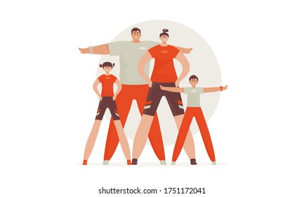 Big sport family. Dad, mother, son and daughter lead a healthy lifestyle and are engaged in fitness and sports. Vector illustration in a flat style