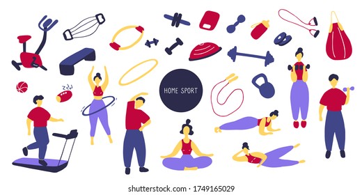 Big sport set. Icons of sports equipment and training people. Workout at home, sport exercises at home. Flat vector graphic