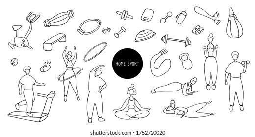 Big sport set. Icons of sports equipment and training people. Workout at home, sport exercises at home. Hand drawn vector graphic
