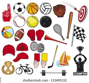 big sports collection (foam finger, boxing gloves, basketball ball, checkered flag, hockey stick, bicycle)