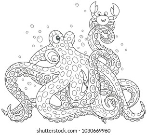 Big spotted octopus talking with a funny small crab, a black and white vector illustration in a cartoon style for a coloring book