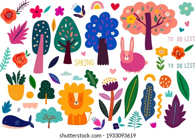 Big spring collection with flowers, trees, leaves and animals. Spring symbols. Decorative colourful stickers and doodles. Hand-drawn modern illustration
