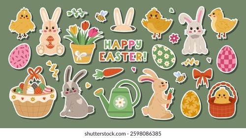 Big spring and Happy Easter sticker set for planners, notebook. Ready for print list of lovely stickers with cartoon clipart of different bunny, cute chick, ornate eggs, tulips. Religious carnival.