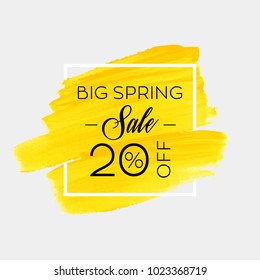 Big Spring Sale 20% off sign over watercolor art brush stroke paint abstract background vector illustration. Perfect acrylic design for a shop and sale banners.