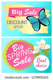 Big spring sale 70% off discount promo price offer set of stickers with blue butterfly and white apple tree blossom vector advertisements springtime