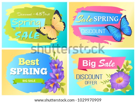 Big spring sale advertisement labels crocus purple flowers and colorful butterflies vector illustration stickers set. Emblems with blossom of plants