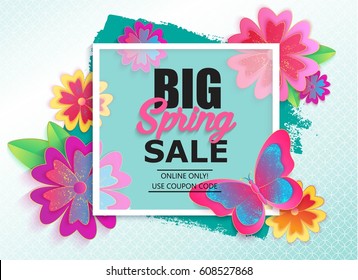 Big Spring Sale Banner With Colorful Flower. Vector Universal Background, Flyer, Invitation Or Card Template With Place For Text.  