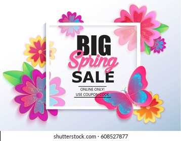 Big spring sale banner with colorful flower. Vector universal background, flyer, invitation or card template with place for text.  