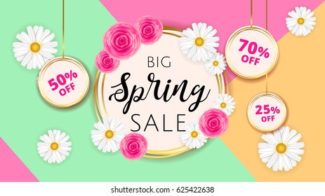 Big Spring sale banner template with camomiles and rose flower on geometric background and gold frame. Spring offer ads for e-commerce, on-line cosmetics shop, fashion & beauty shop, store. Vector 