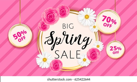 Big Spring sale banner template with camomiles and rose flower on pink stripes background and gold frame. Spring offer ads for e-commerce, on-line cosmetics shop, fashion & beauty shop, store. Vector 