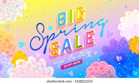 Big Spring Sale Banner. Trendy Texture. Season Vocation, Weekend, Holiday Logo. Spring Time Wallpaper. Happy Shiny Day. Modern Vector Lettering With Flower. Fashionable Styling. 