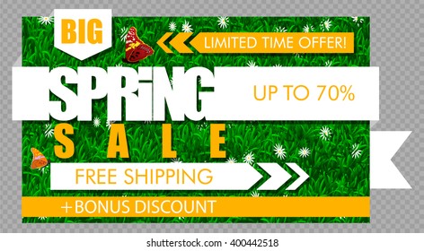 Big Spring Sale Banner. Vector grass and daisy background with flat white ribbon text and butterfly. Limited time offer, up to 70% off, free shipping, bonus discount. Seasonal clearance spring sale