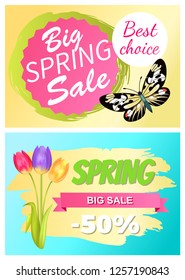Big spring sale best choice discount 50% off promo stickers with exotic springtime butterfly and bouquet of tulip flowers vector set advert vouchers