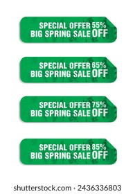 Big spring sale green long stickers set. Sale 55%, 65%, 75%, 85% off discount. Vector illustration