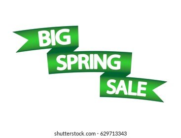 Big Spring Sale, green ribbon, poster design template, vector illustration