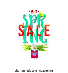 Big Spring sale label with green grass and chamomile on white background. Promotion banner. 70% off. May used as banner, poster, flyer. Vector illustration