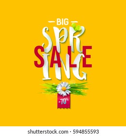 Big Spring sale label with green grass and chamomile on yellow background. Promotion banner. May used as banner, poster, flyer. Vector illustration