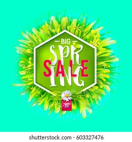 Big spring sale label with green grass and chamomile. Geometric label with realistic nature background. Promotion banner. 70% off. May used as banner, poster, flyer. Vector illustration