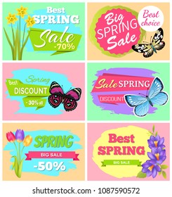 Big spring sale set of banners with butterflies of different types and flowers, headlines big spring deal collection isolated on vector illustration